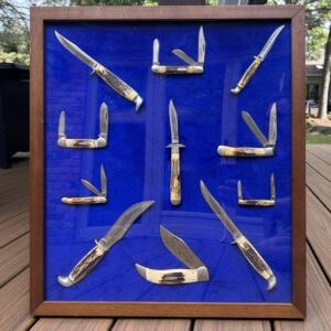 CASE XX 1977 "Blue Scroll" Stag Set 11 Knives Framed